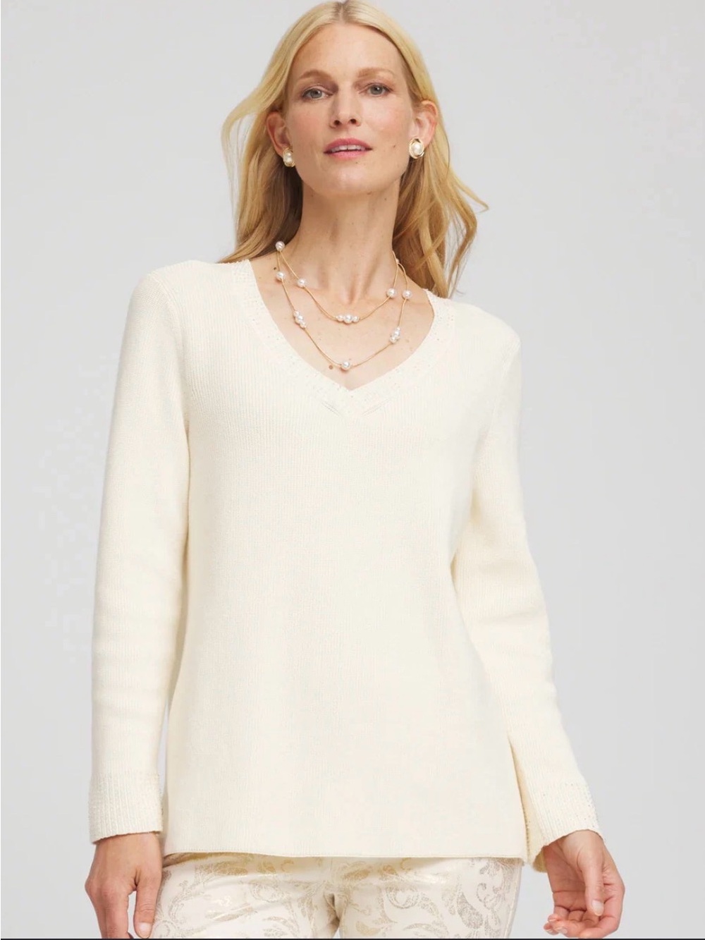Chico's White V-Neck Sequin Pullover Ribbed Sweater, Size 1 (US 8)